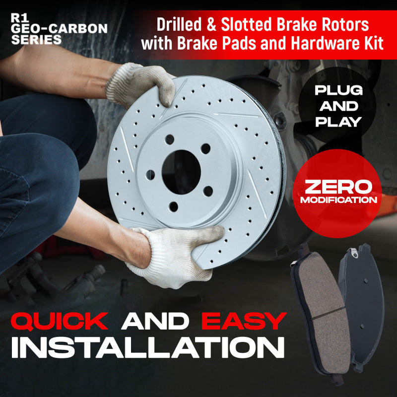R1 14-18 Kia Forte Koup Front Drill/Slot Carbon Coated Rotor Set w/Optimum Pads
