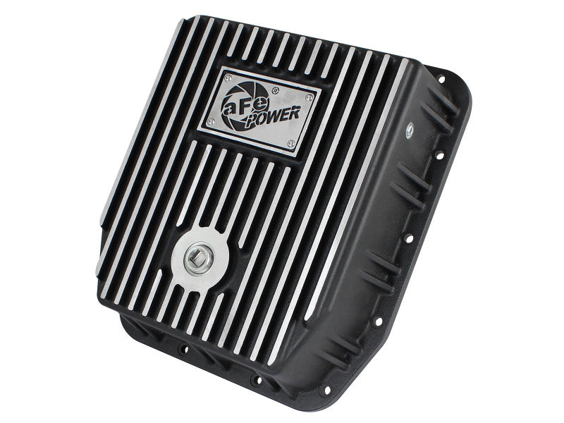 aFe POWER Transmission Pan Ford Trucks 80-92 (AOD Transmission)- Black w/ Machined Fins