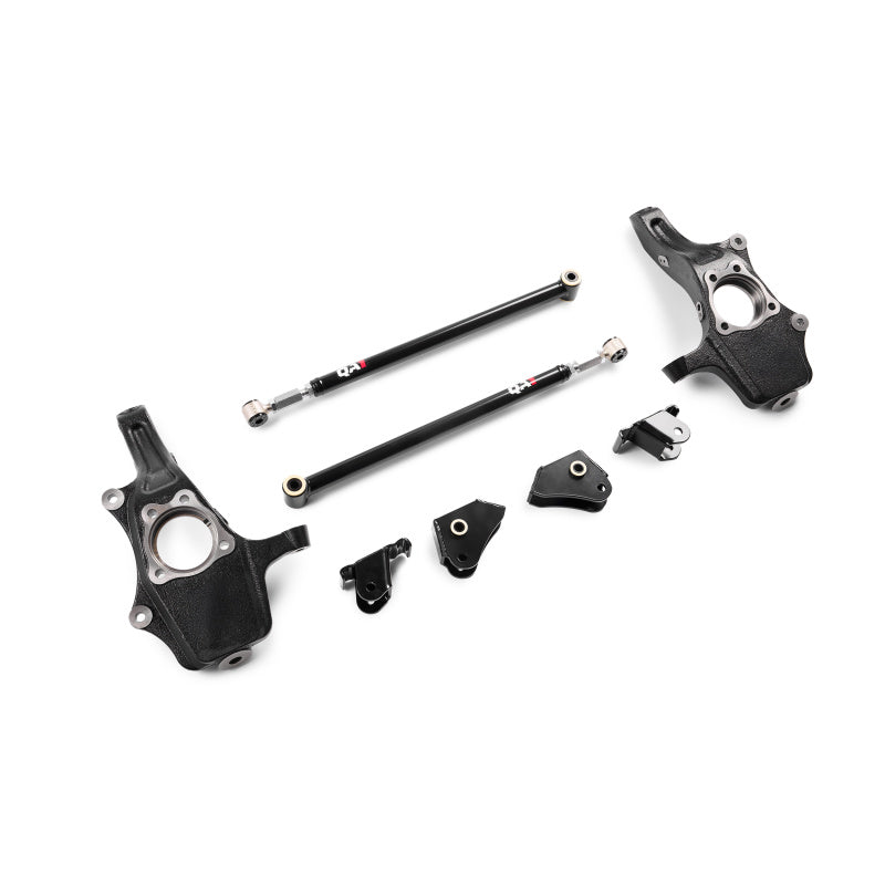 QA1 2019+ Chevrolet Silverado 1500 Double Adjustable 4/5in Lowering Kit w/ Spindles & Traction Bars