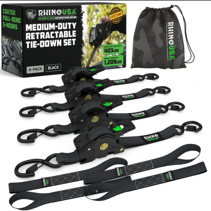 Rhino USA Retractable Ratchet Straps (2Pk 1Inx10Ft) Green