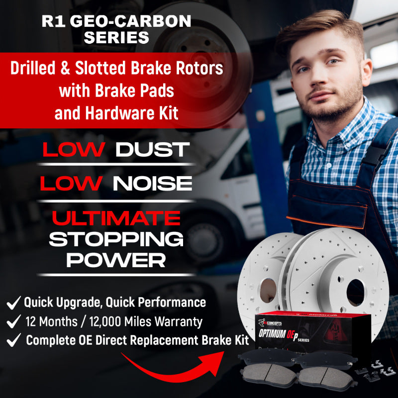 R1 14-18 Kia Forte Koup Front Drill/Slot Carbon Coated Rotor Set w/Optimum Pads