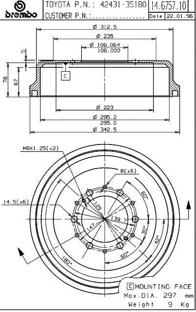 Brembo 86-02 Toyota 4Runner/86-95 Pickup/93-98 T100/95-04 Tacoma/00-07 Tundra Rear Brake Drum