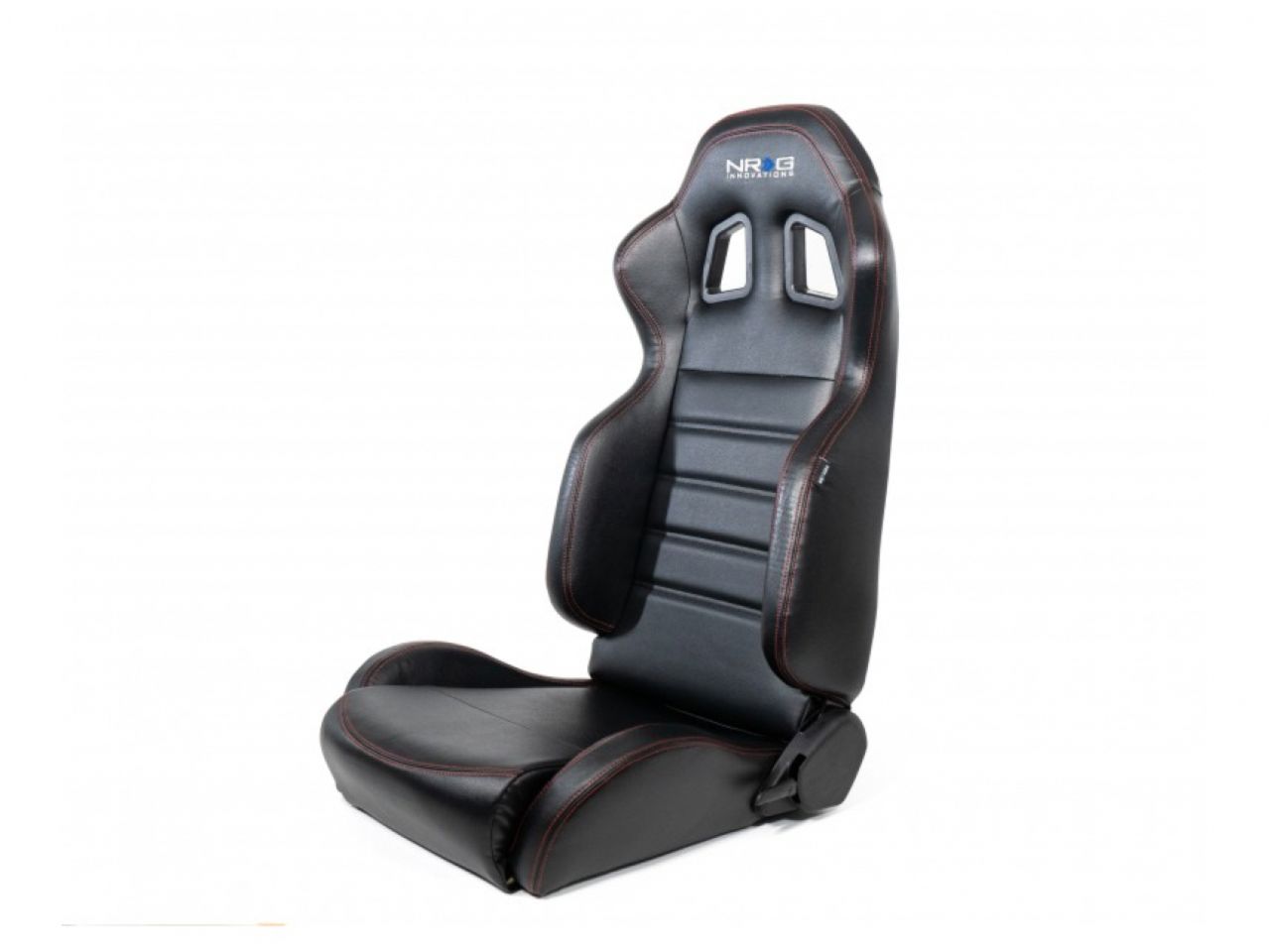 NRG Reclinable Racing Seats (Pair) Black Leather w/NRG Logo Red Stitch