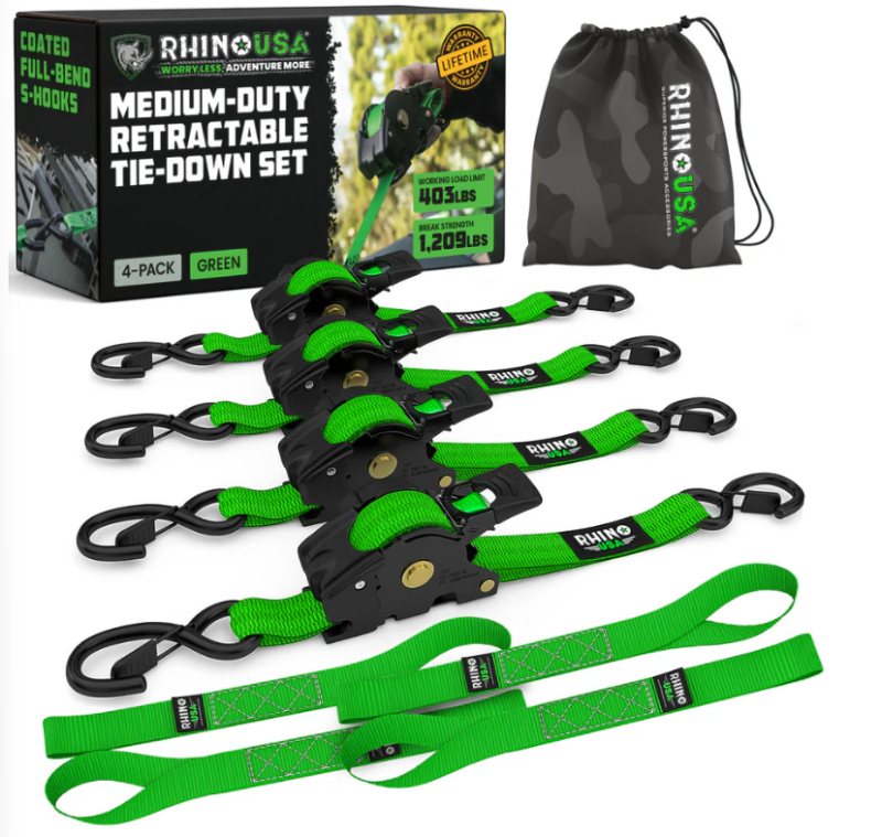 Rhino USA Retractable Ratchet Straps (4Pk 1Inx10Ft) (Green)