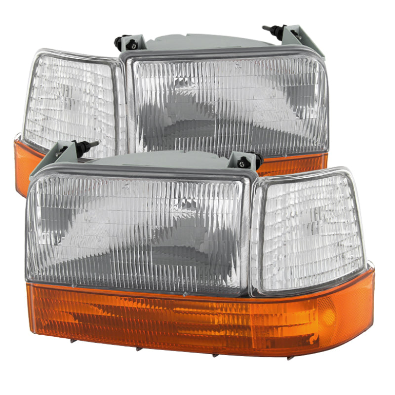 xTune Ford F150/Bronco 92-96 Headlights w/Corner Bumper 6pcs Amber- Clear HD-JH-FB92-SET-OEAM-C