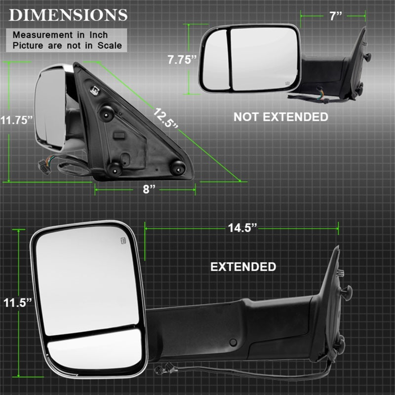 xTune Dodge Ram 1500 09-12 Extendable Power Heated Adjust Mirror Chrome Housing Left MIR-DRAM10-PW-L