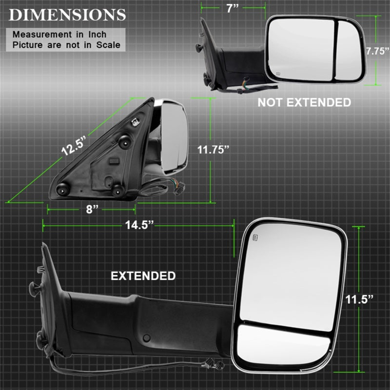 xTune Dodge Ram 1500 09-12 Extendable Heated Adjust Mirror Chrome Housing Right MIR-DRAM10-PW-R