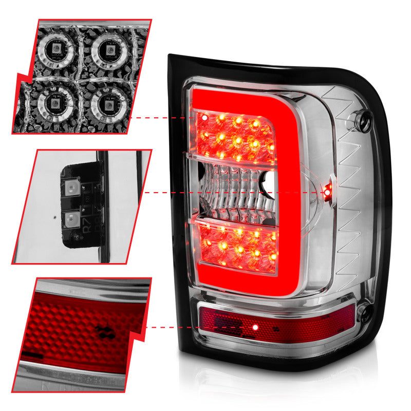 ANZO 2001-2011 Ford Ranger LED Tail Lights w/ Light Bar Chrome Housing Clear Lens