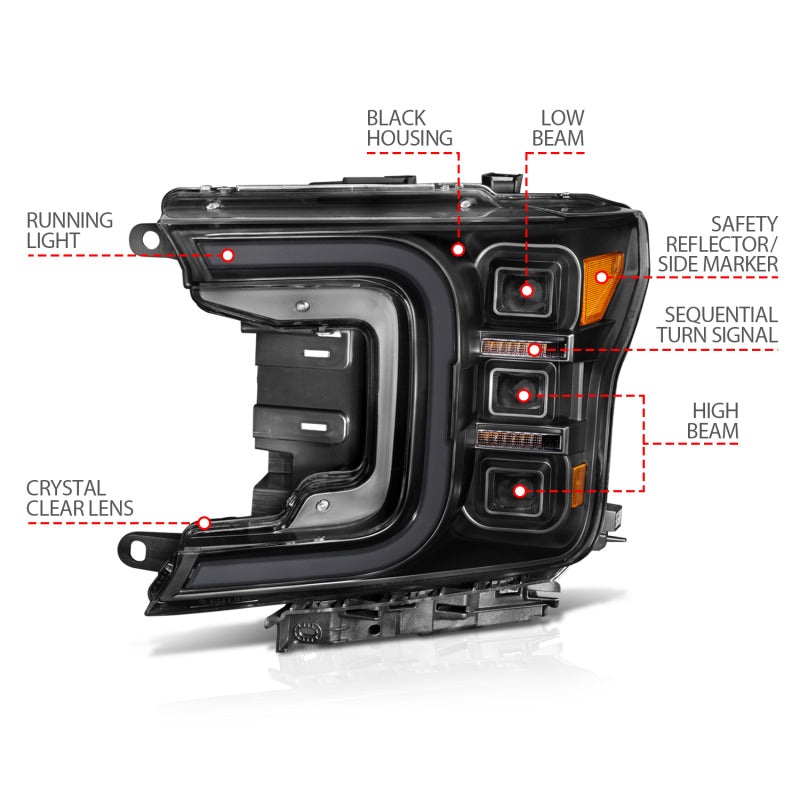 ANZO 18-20 Ford F-150 Full Led Projector Smoke Bar Style Headlights Black Amber