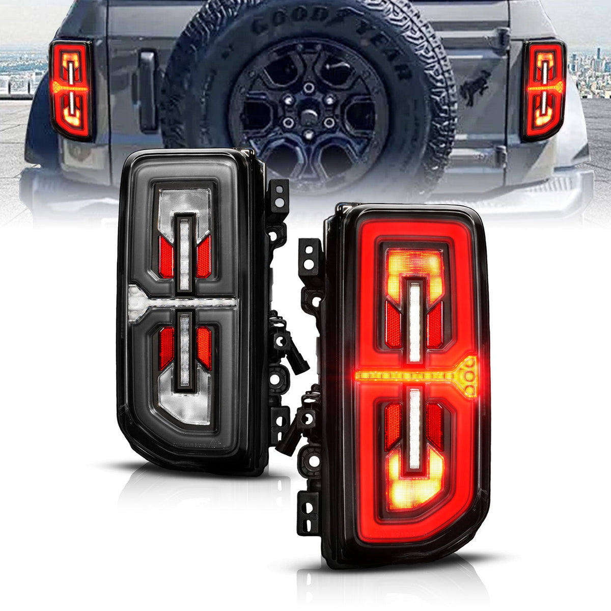 ANZO 21-25 Ford Bronco Full LED Tail Lights SeqSig Black - Pair