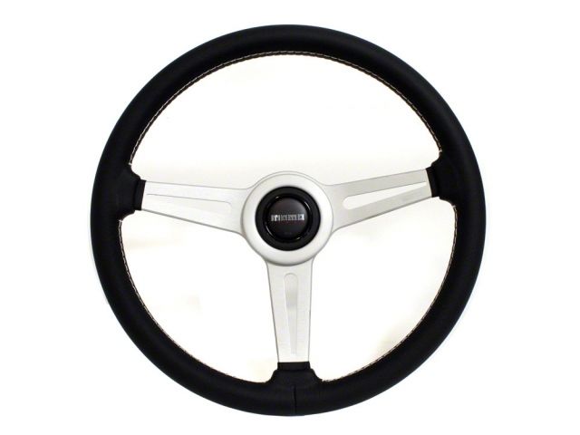 Momo Retro Steering Wheel 360 mm - 4 Black Leather/Wht Stitch/Brshd Spokes