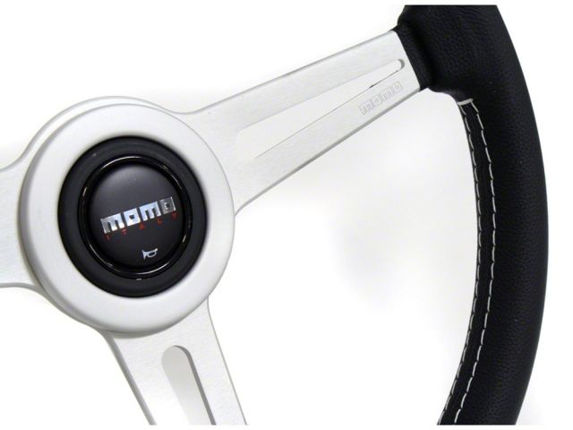 Momo Retro Steering Wheel 360 mm - 4 Black Leather/Wht Stitch/Brshd Spokes