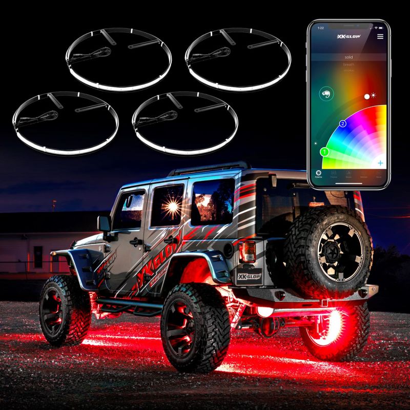 XK Glow Wheel Ring Light Kit w/ Dual-Mode Dash Mount Controller 4PC 15In