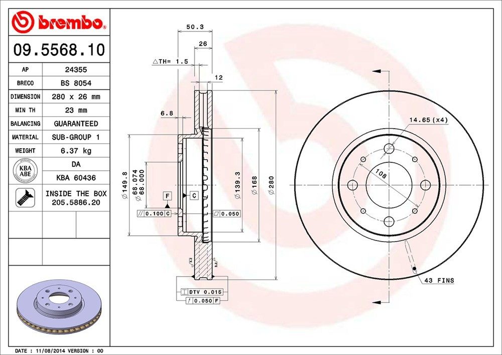 Brembo 1993 Volvo 850 Front Premium OE Equivalent Rotor
