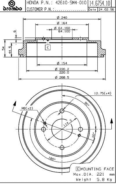 Brembo 90-02 Honda Accord Rear Premium OE Equivalent Brake Drum