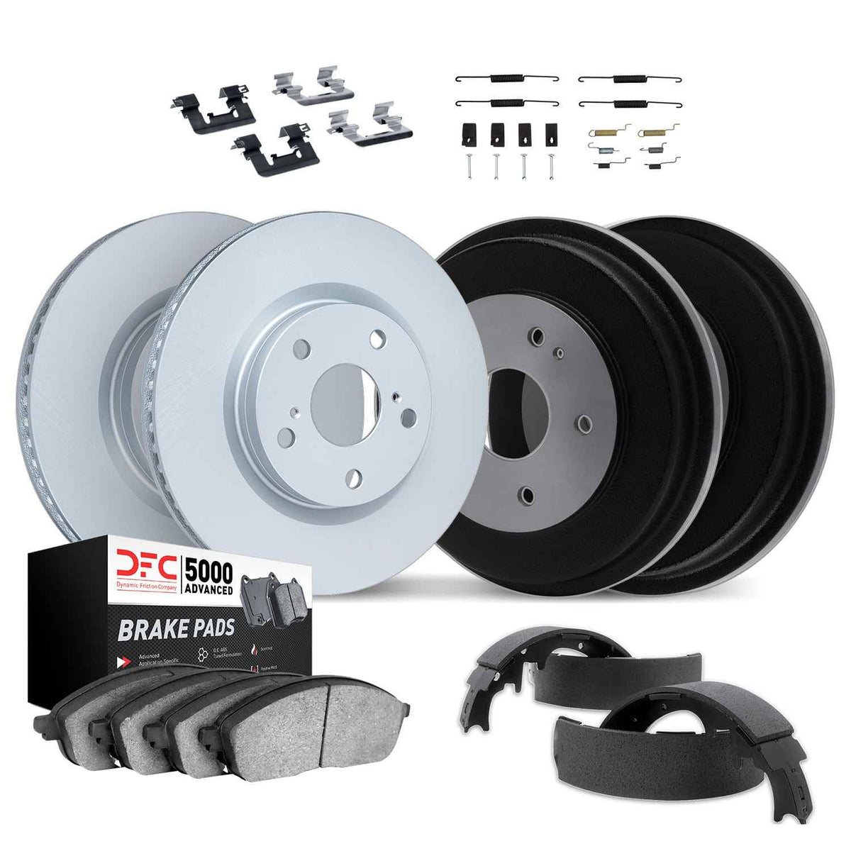 DFC 67-68 Pontiac Tempest Front & Rear Geospec Rotors with 5000 Advanced Pads w/Drums/Shoes/Hardware