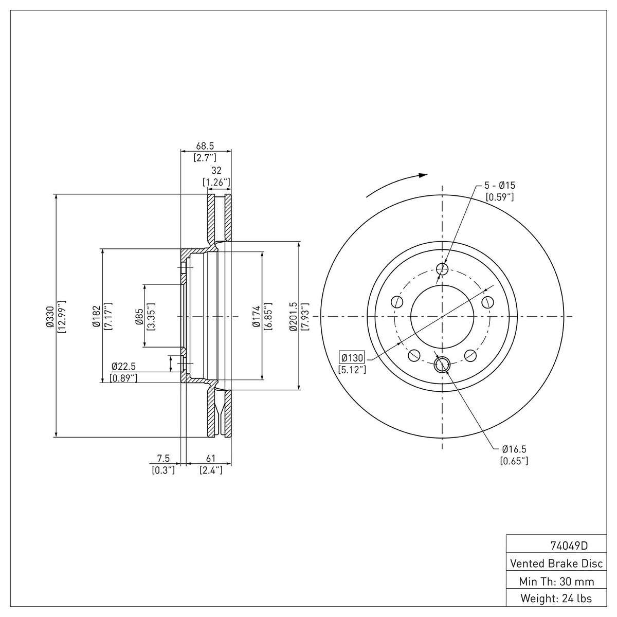 R1 03-18 Porsche Cayenne Right Front Brake Rotor