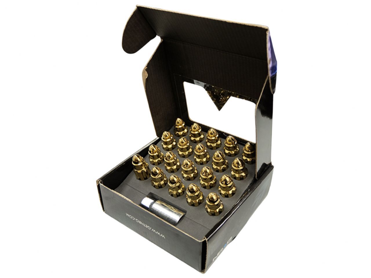 NRG 500 Series M12 X 1.25 Bullet Shape Steel Lug Nut Set - 21 Pc w/Lock Key - Chrome Gold
