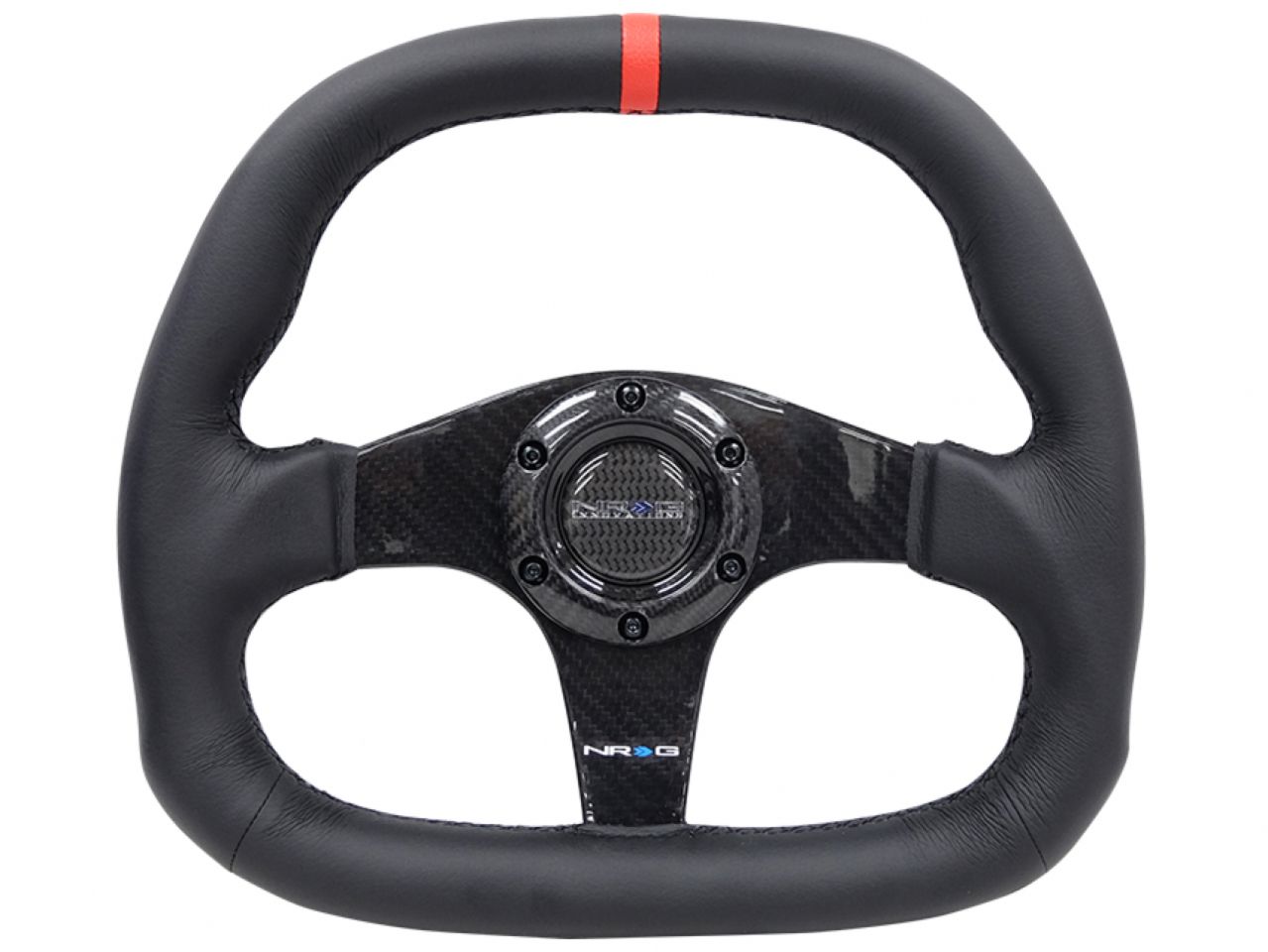 NRG Carbon Fiber Steering Wheel (320mm) Black CF Center w/Black Stitch Red Center Mark Flat Bottom