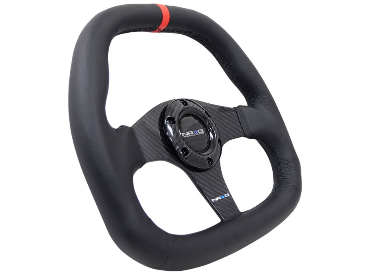 NRG Carbon Fiber Steering Wheel (320mm) Black CF Center w/Black Stitch Red Center Mark Flat Bottom