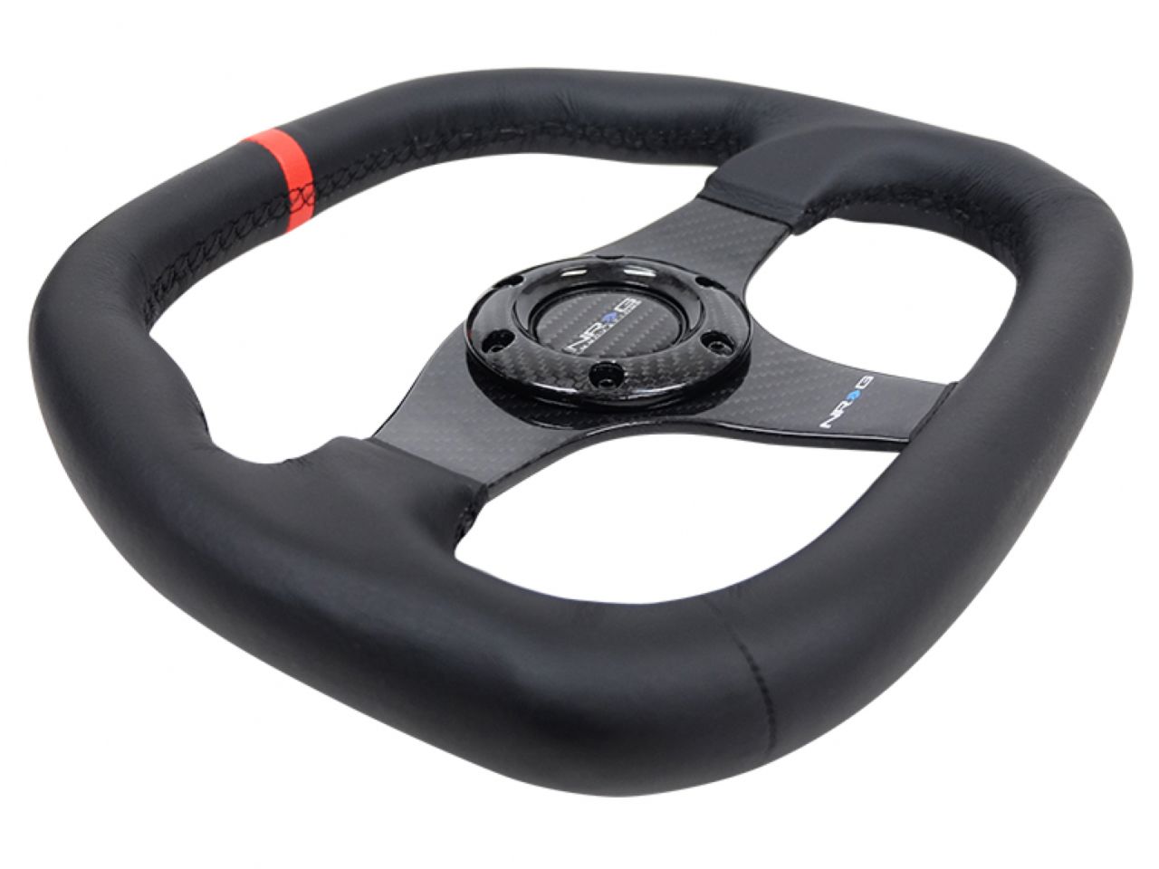 NRG Carbon Fiber Steering Wheel (320mm) Black CF Center w/Black Stitch Red Center Mark Flat Bottom