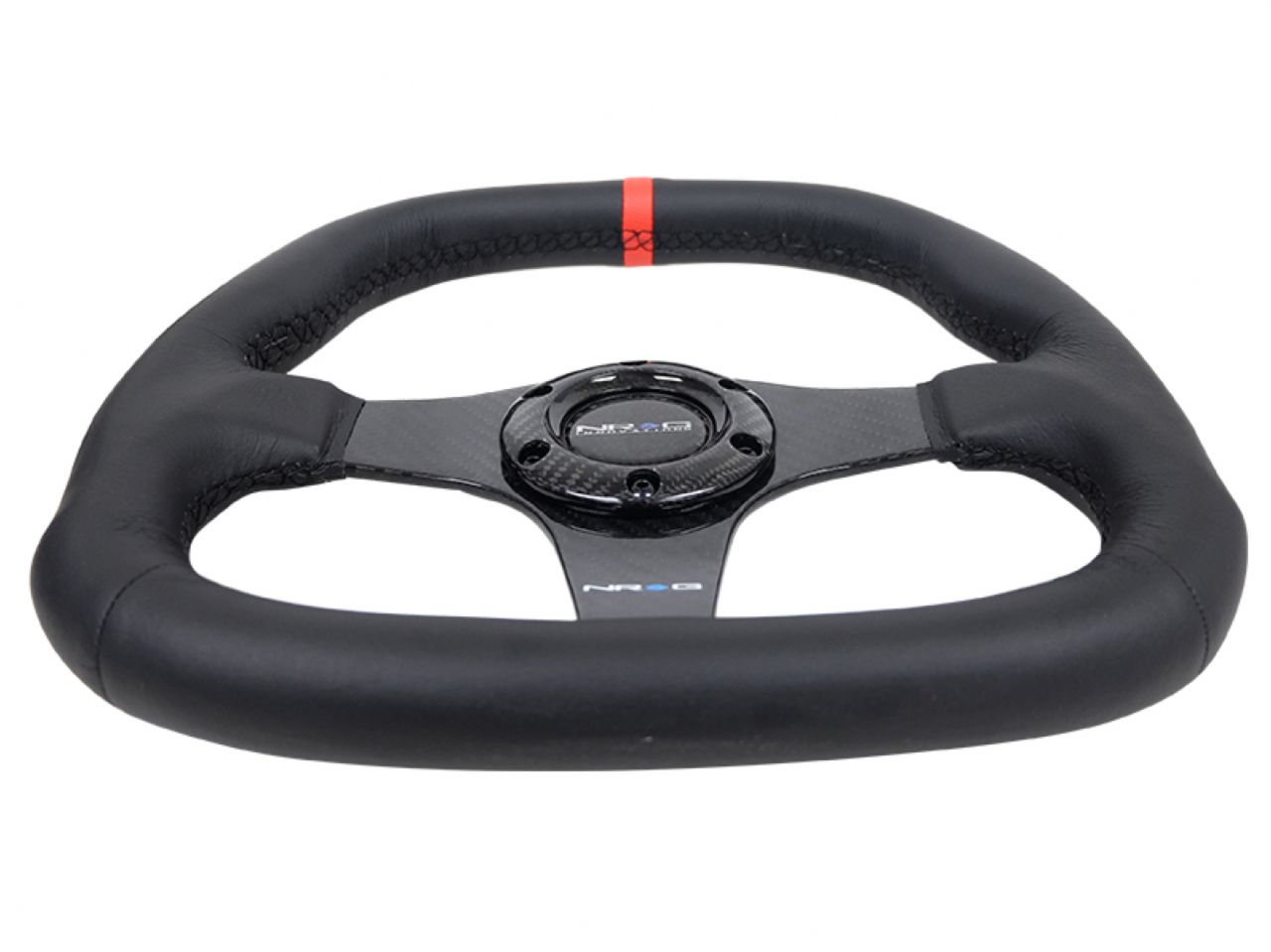 NRG Carbon Fiber Steering Wheel (320mm) Black CF Center w/Black Stitch Red Center Mark Flat Bottom