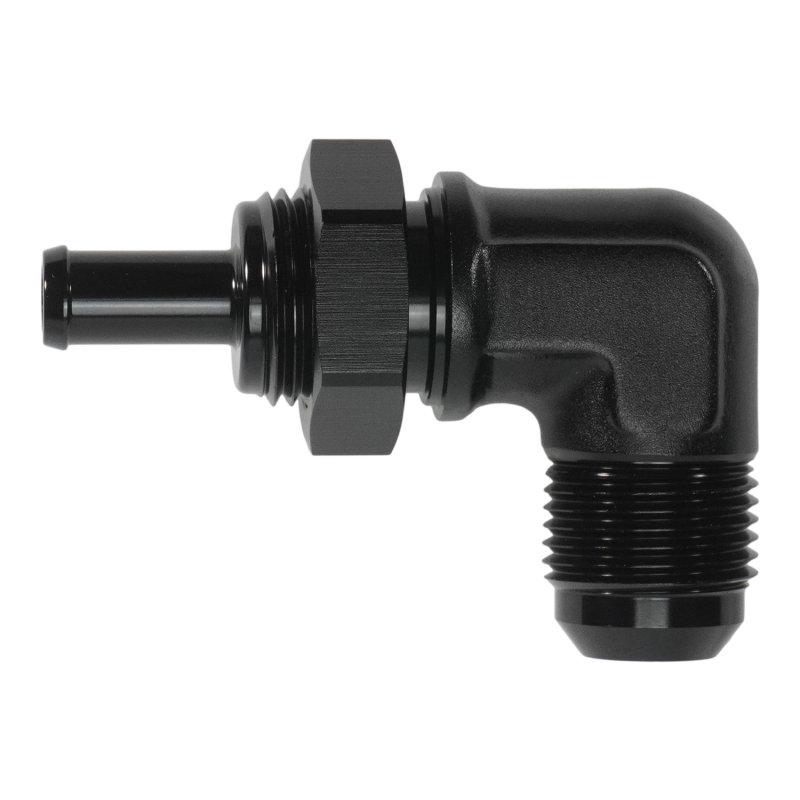 DeatschWerks 10AN Male Flare Bulkhead to 3/8in Hose Barb 90-Degree