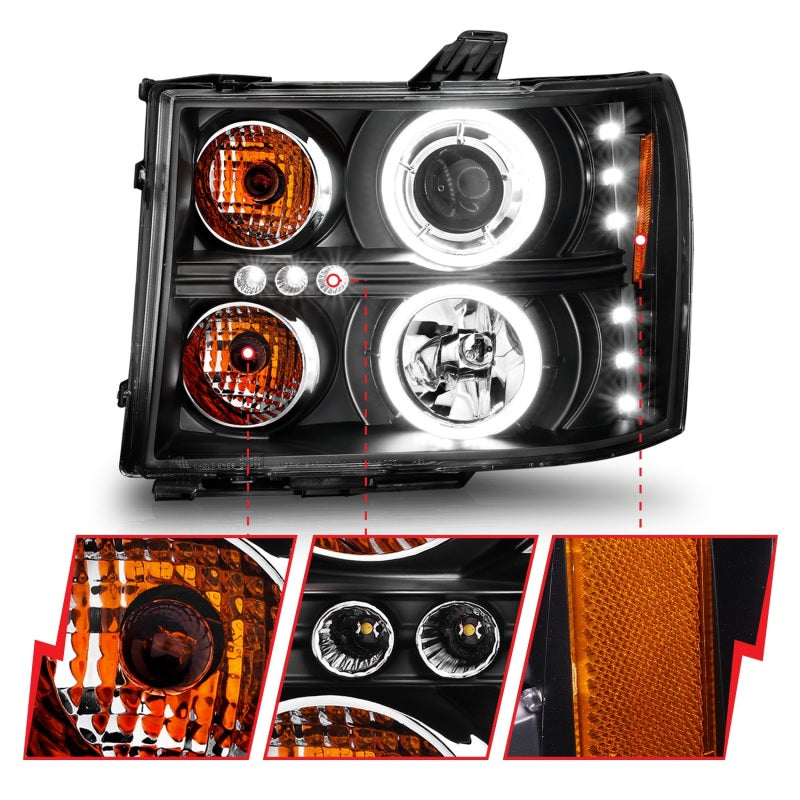 ANZO 2007-2013 GMC Sierra 1500 Projector Headlights w/ Halo Black