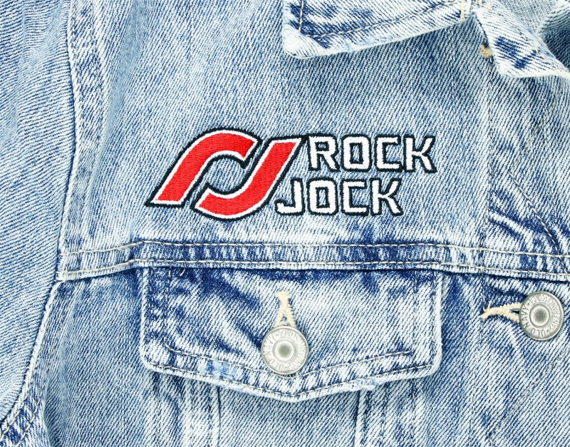 RockJock Jean Jacket w/ Embroidered Logos Front and Back Blue Womens XL